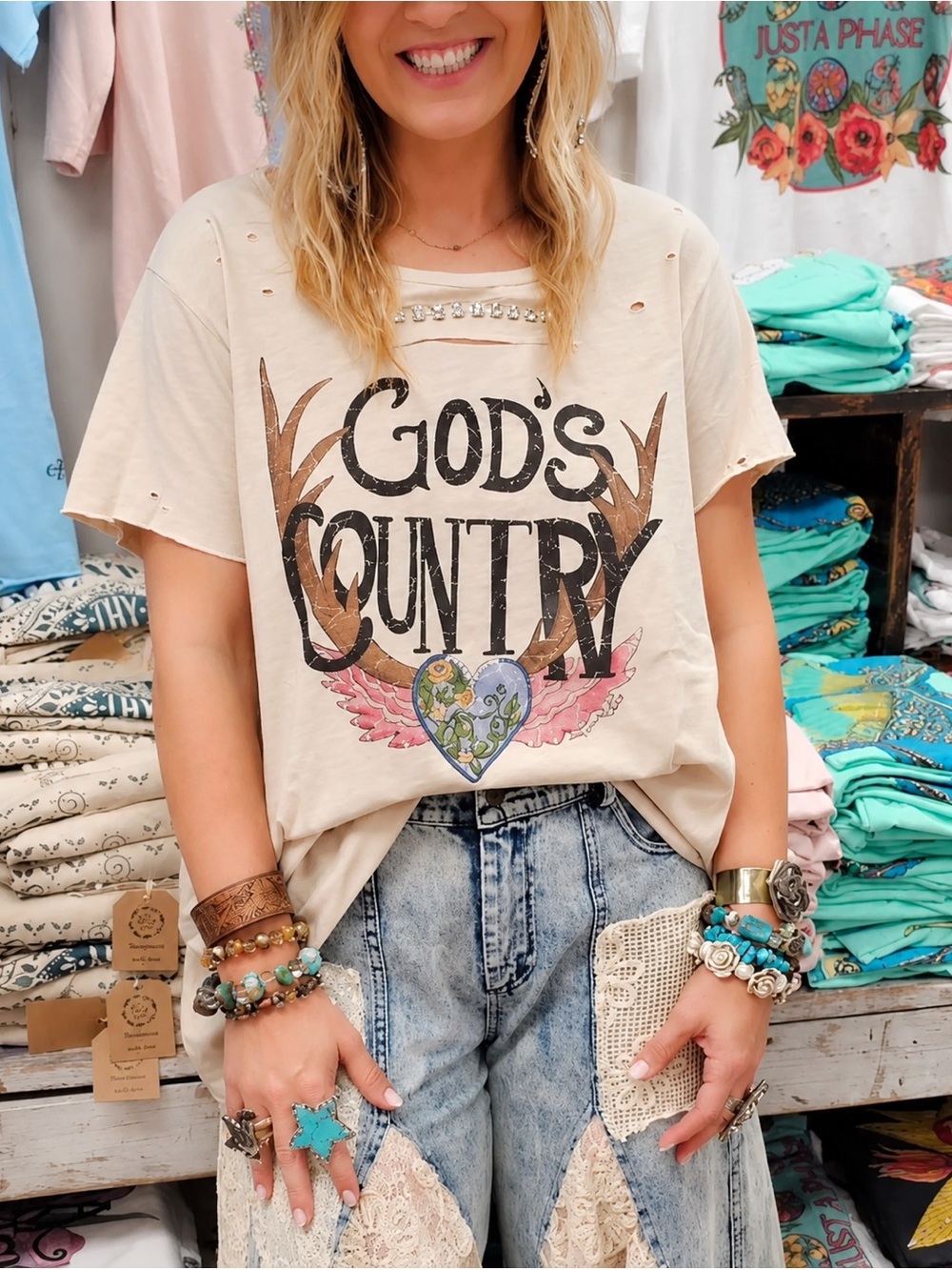 A Rare Bird NWT God’s Country Embellished Tee Boho Western Prairie Womens S/M
